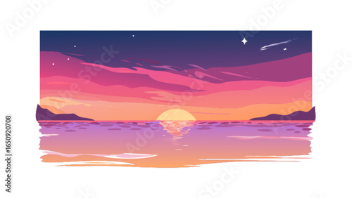 Beautiful sunset ocean view illustration digital art landscape with vibrant colors and stars in the sky scene