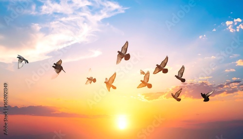 Doves soaring at sunset