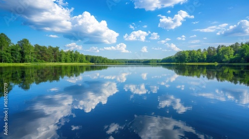 Serene Summer Lakeside: Where Mountains Mirror in Calm Blue Waters