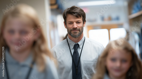 Teacher guiding students during emergency drill in hallway