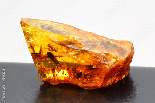 One piece of amber with insects on the black and white background. Sun stone. Fossil fossilized resin. semi-precious mineral. Natural material for jewelry. Copal. Science.  Polished amber stone.
