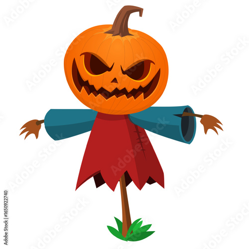 Cartoon funny Halloween pumpkin head face scarecrow expression. Vector illustration of jack-o-lantern monster character design with carved emotion