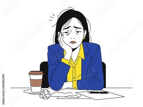 The Weight of the World: a businesswoman with dark hair, slumped at her desk, her posture and facial expression betraying her exhaustion and the stress of a challenging day.