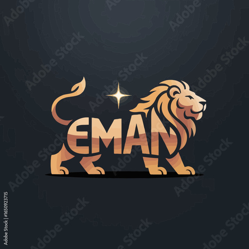 Golden lion silhouette with eman text logo isolated on white background