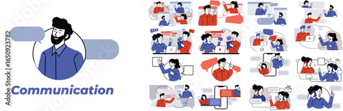 Set of communication illustrations with people and devices. Characters chatting, video calling, presenting, and discussing ideas. Flat isolated vector illustrations on white background.