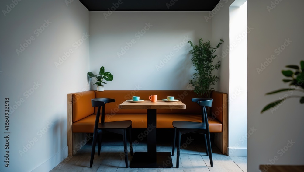Fototapeta premium A cozy dining nook with a table set for three, two orange booth seats, and black chairs in a minimalistic room with white walls and green plants.