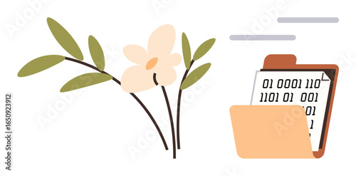 Delicate flower branch beside open folder containing digital binary code sheets, blending technology and nature. Ideal for sustainability, eco-tech, innovation, balance, digital storage, harmony