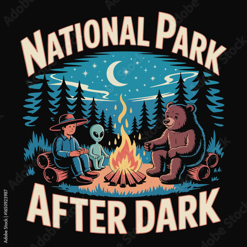 National park after dark campfire scene with bear and alien silhouette isolated on white background