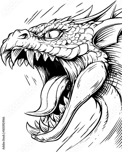 Intense engraved illustration of a banshee dragon in black bold line art for design