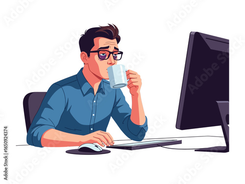 Workplace Reflection: A modern professional taking a moment of respite with a beverage, engaged in contemplation beside a sleek computer workstation, capturing the spirit of work and mindful break.