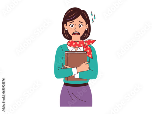 Fearful Expectation: A cartoonish businesswoman grips a book, exhibiting visible signs of anxiety, stress, and apprehension. Her wide-eyed expression and slight perspiration tell a tale of nerves.