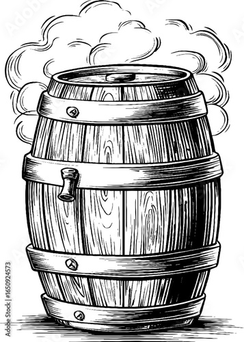 Vintage engraved illustration of a wooden beer keg with steam for brewing theme and retro design