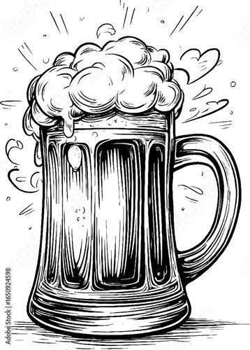 Vintage engraved beer mug illustration with foam splash for retro bar designs