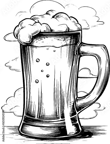 Vintage beer mug with foam in detailed engraved illustration for pub theme design