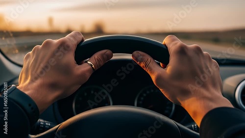 Hands On Steering Wheel Driving Vehicle On The Road During Sunset with Ring and Watch with Warm Orange Light