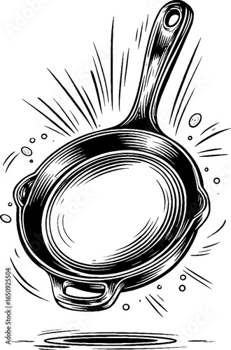 Vintage engraved cast iron skillet illustration for retro kitchen design