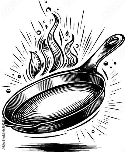 Vintage cast iron skillet with flame design for culinary art and kitchen decor