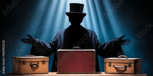 Mysterious Silhouette in Top Hat Presenting Vintage Suitcases Under Dramatic Spotlight