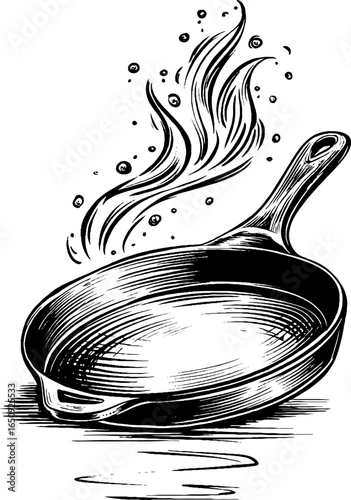 Vintage engraved illustration of cast iron skillet with artistic flair for culinary design
