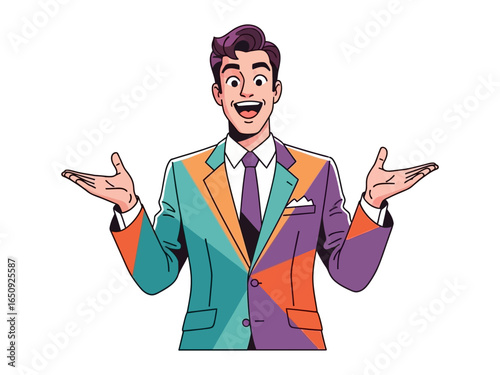 The Charismatic Presenter: A dynamic illustration of a charismatic presenter with open arms, embodying confidence and engagement in this vibrant graphic.