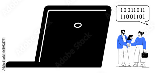 Oversized laptop beside two professionals examining a tablet and binary code communication. Ideal for technology, digital work, collaboration, innovation, data sharing, teamwork, simple flat metaphor
