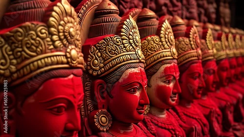 Red Statue Row with Golden Headdress on Display Illuminated in Warm Lighting