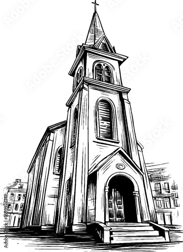 Vintage engraved illustration of church architecture with bold black lines for retro design