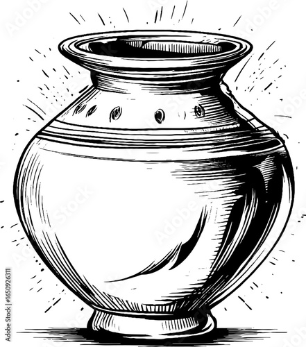 Vintage engraving of clay pot with bold black lines for decorative design