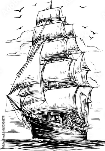 Vintage engraved illustration of clipper ship at sea with birds in hand drawn style