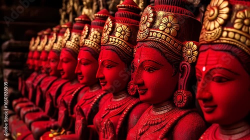 Row Of Red Statues with Golden Headdresses in an Indoor Setting