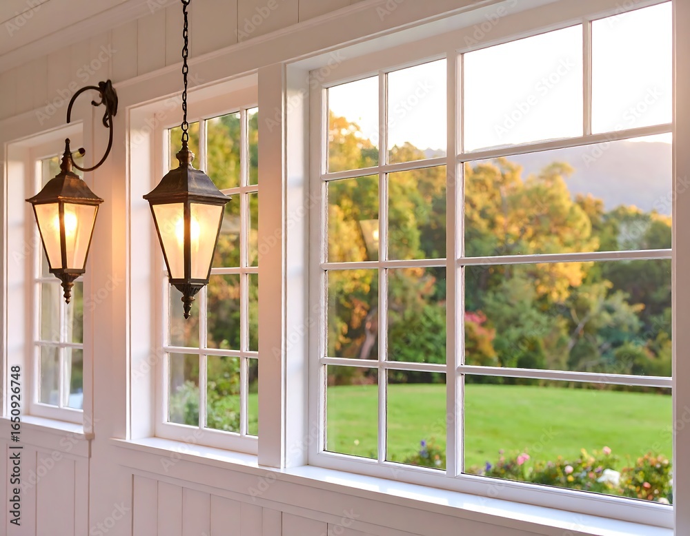 Fototapeta premium Illuminated lanterns and picturesque window view showcase tranquil suburban living