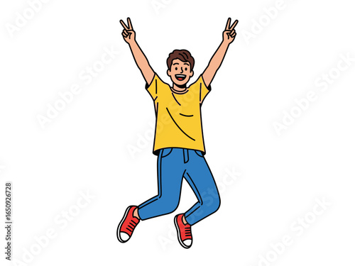 Joyful Leap of Victory: A young man, energized and exuberant, celebrates a moment of triumph by leaping in the air, arms raised high, and fingers forming victory signs.