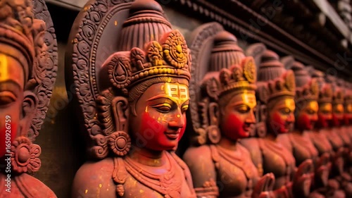 Row Of Sculpted Statues With Red And Gold Details Depicting Religious Figures In An Architectural Setting