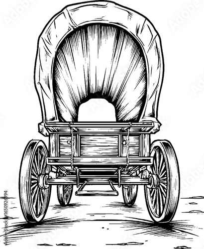 Vintage covered wagon engraving - retro western transportation design for posters and prints