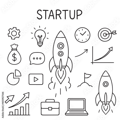 Set of vector startup icons. Startup growth, development and launch icons in doodle style. Vector illustration.