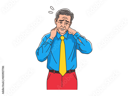 Burdened by Aches: A gentleman in business attire experiences strain and discomfort, epitomizing the toll of exertion.