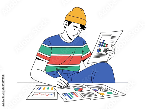 Analyzing Data: An individual immersed in a world of numbers and graphs, meticulously examining charts, and diagrams to make informed decisions and uncover crucial insights. 