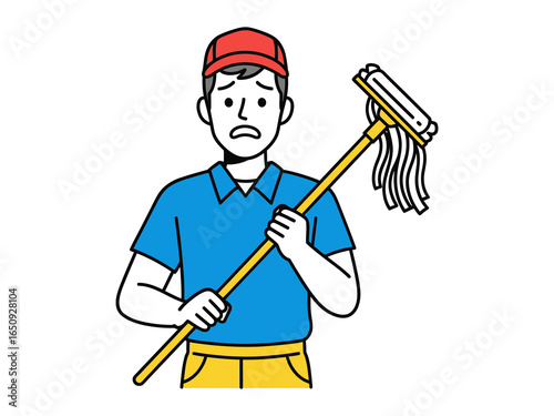 Cleaning Day Dilemma: A concerned cleaner contemplates the day's tasks, mop in hand, a blend of determination and concern etched on his face.