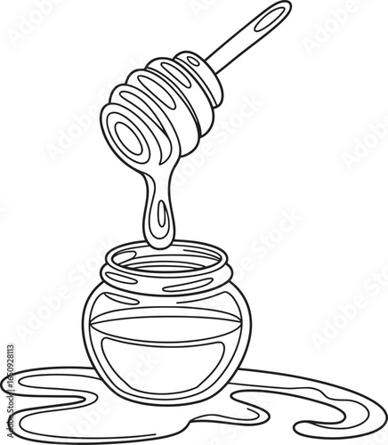 Honey Dipper Drizzling Honey into Glass Jar Minimalist Vector Outline, honey jar, dripping honey, honey dipper, honey syrup