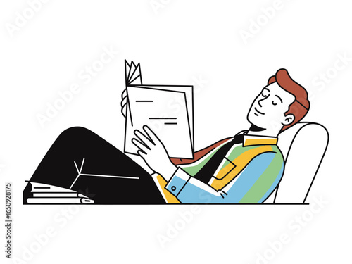 Relaxing in the Reading: A man reclines comfortably on a chair, engrossed in a book. Experience the tranquility of his solitary moment.