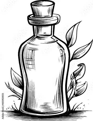 Engraved essential oil bottle with leaves - retro design for aromatherapy and apothecary use