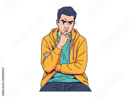 Pensive Pose: A detailed cartoon illustration of a thoughtful individual, deeply contemplating, rendered in a captivating comic style.