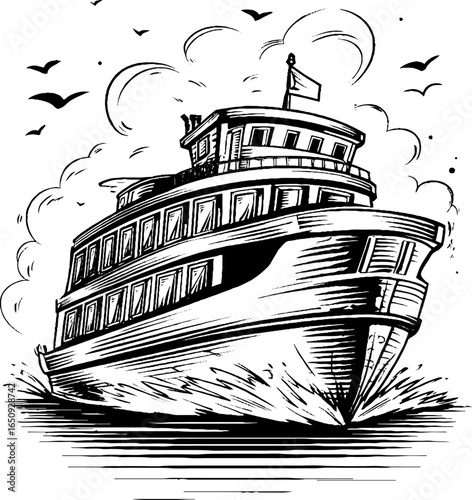 Vintage engraved illustration of ferry boat on water with birds in black silhouette design for nautical decor