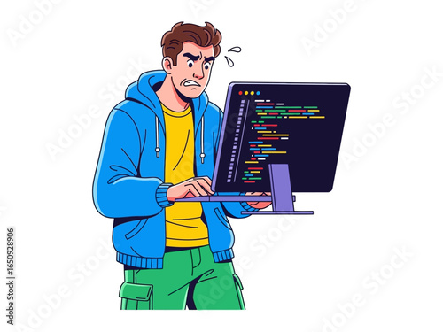 Code Conundrum: A programmer grapples with the complexities of lines of code. The illustration captures the intense focus of a coder's struggle against the intricate, digital realm.