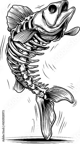 Engraved fish skeleton sketch for retro design and decor