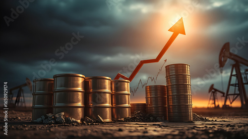 A concept of rising oil prices, with stacks of golden barrels forming a growth chart and a glowing arrow in an oil field.