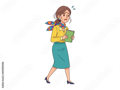 Anxious Female office worker: A female office worker walks looking very worried. She seems to be stressed and is holding a document.