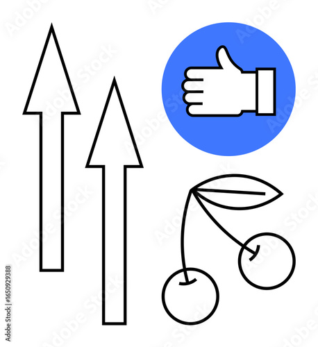 Two upward arrows, a thumbs-up inside a blue circle, and cherries with leaves. Ideal for growth, success, feedback, positivity, motivation, achievement fresh ideas simple landing page