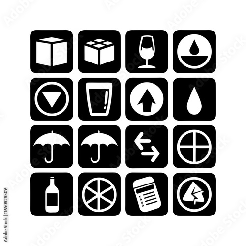 Collection of sixteen black and white package handling symbols arranged in a four by four grid format