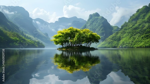 Small green island with trees reflecting on calm lake water surrounded by misty mountains in peaceful and tranquil natural landscape